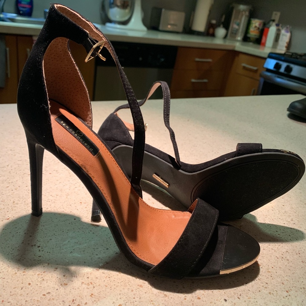 Gold tip open toed strap heels